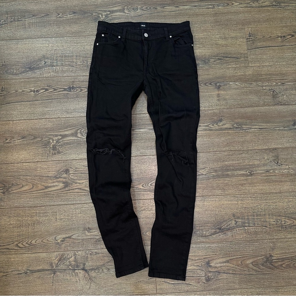 Mens Black Skinny Jeans Ripped Knee - 31 x 34